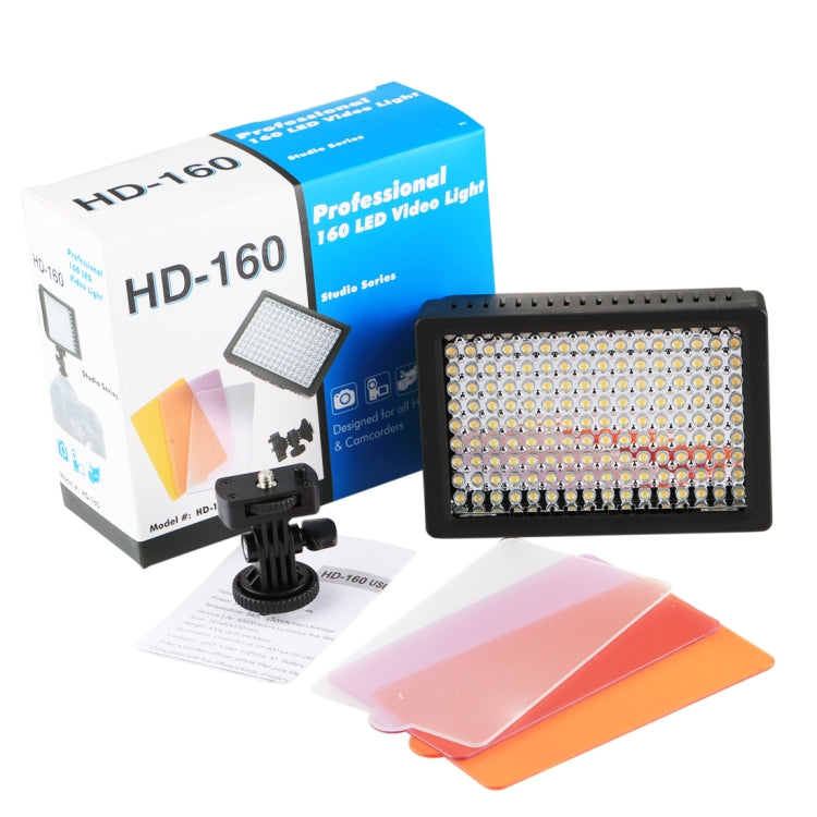 HD-160 Luz blanca Luz de vídeo LED Iluminación de fotografía en cámara Luz de relleno para cámara Canon, Nikon, DSLR con 3 placas de filtro, HD-160