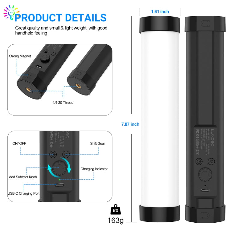 LUXCeO P100 RGB Photo Video Light Stick Luz de relleno portátil con control remoto, P100