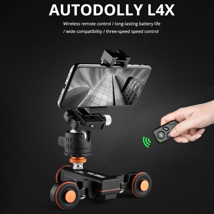 YELANGU L4X Plataforma rodante con ruedas para cámara Deslizador de pista eléctrica Carro con plataforma rodante de 3 ruedas con control remoto y rótula, carga: 3 kg