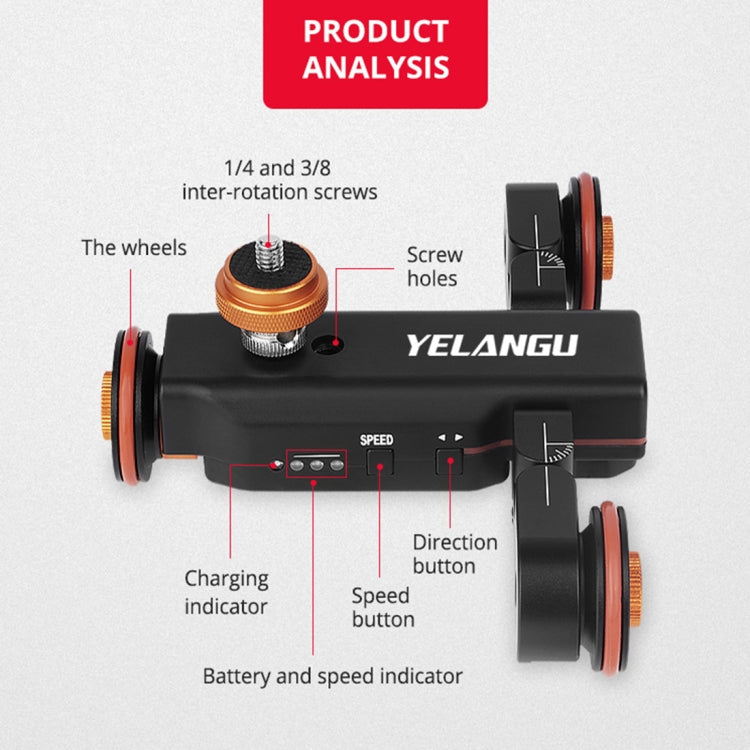 YELANGU L4X Plataforma rodante con ruedas para cámara Deslizador de pista eléctrica Carro con plataforma rodante de 3 ruedas con control remoto y rótula, carga: 3 kg
