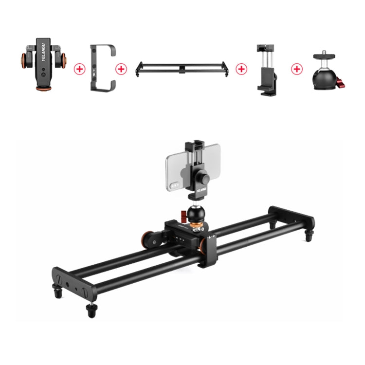 YELANGU L60E Riel deslizante de 60 cm + plataforma rodante de vídeo L4 de 3 ruedas con abrazadera para teléfono y rótula, L60E+L4X+PC03+T1