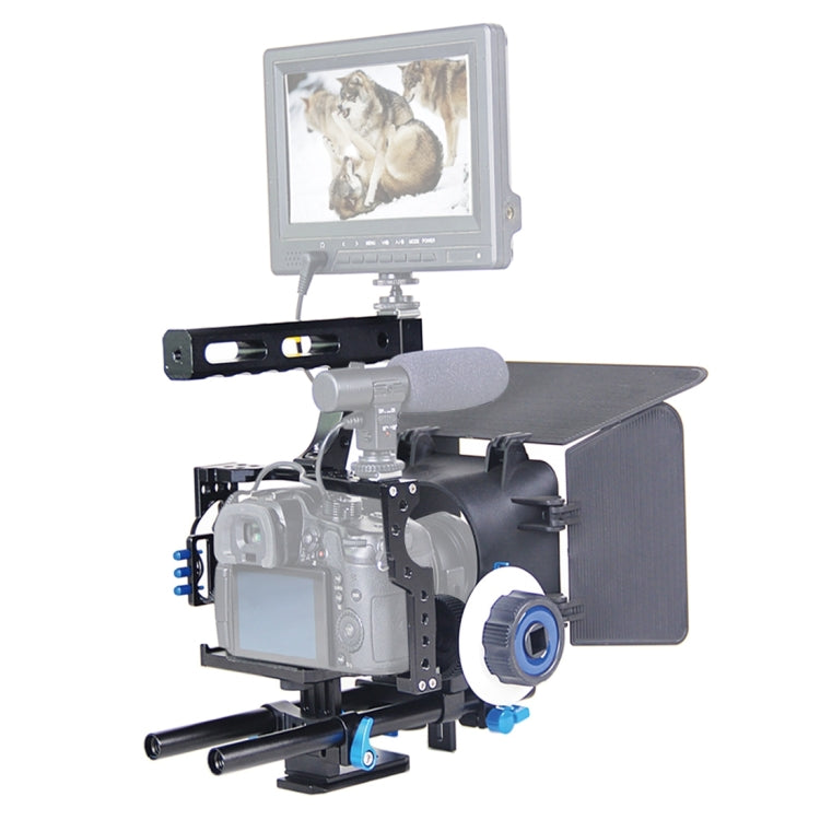 YELANGU YLG1105A Kit estabilizador de jaula para cámara de video con mango con caja mate y enfoque de seguimiento para Panasonic Lumix DMC-GH4 y G7 / Sony A7 y A7S y A7R y A7RII y A7SII, YLG1105A