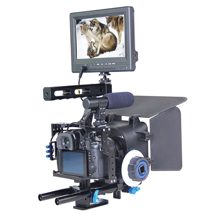YELANGU YLG1105A Kit estabilizador de jaula para cámara de video con mango con caja mate y enfoque de seguimiento para Panasonic Lumix DMC-GH4 y G7 / Sony A7 y A7S y A7R y A7RII y A7SII, YLG1105A