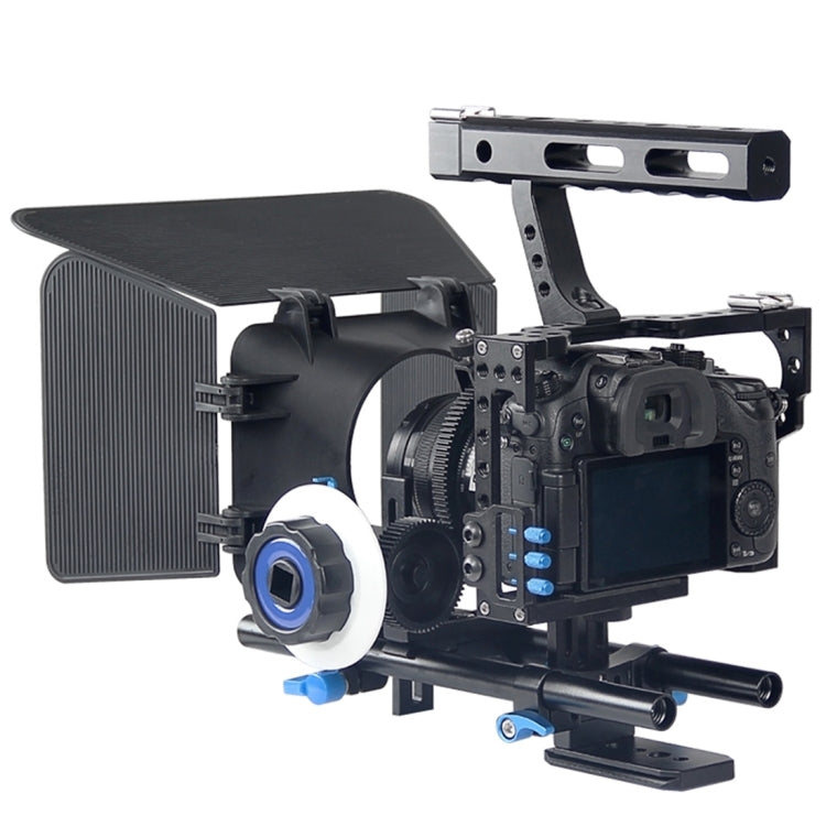 YELANGU YLG1105A Kit estabilizador de jaula para cámara de video con mango con caja mate y enfoque de seguimiento para Panasonic Lumix DMC-GH4 y G7 / Sony A7 y A7S y A7R y A7RII y A7SII, YLG1105A