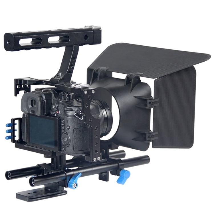 YELANGU YLG1105A Kit estabilizador de jaula para cámara de video con mango con caja mate y enfoque de seguimiento para Panasonic Lumix DMC-GH4 y G7 / Sony A7 y A7S y A7R y A7RII y A7SII, YLG1105A
