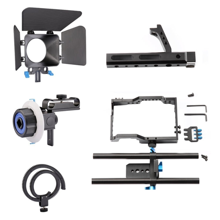 YELANGU YLG1105A Kit estabilizador de jaula para cámara de video con mango con caja mate y enfoque de seguimiento para Panasonic Lumix DMC-GH4 y G7 / Sony A7 y A7S y A7R y A7RII y A7SII, YLG1105A