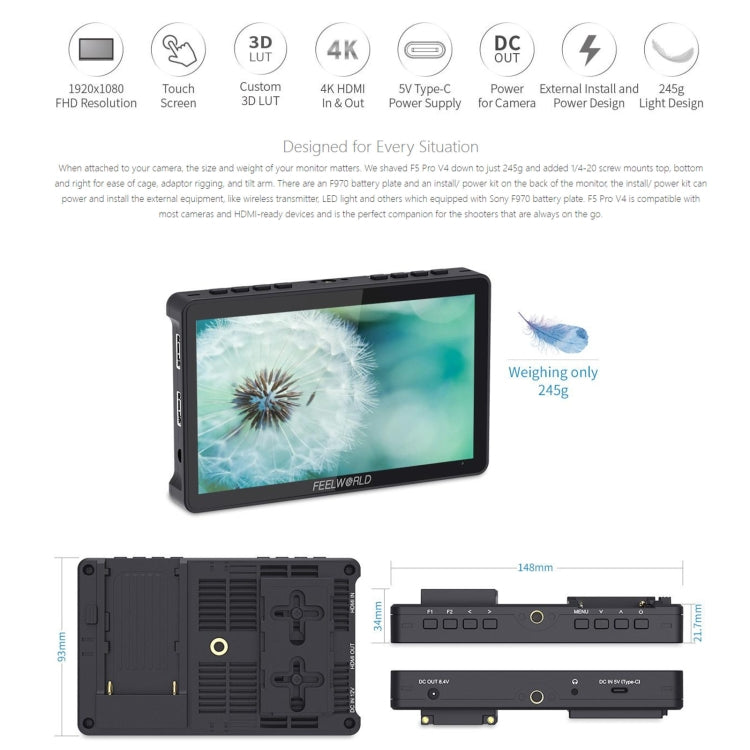 FEELWORLD F5 Pro V4 Pantalla táctil de 6 pulgadas Cámara DSLR Monitor de campo 3D LUT 4K HDMI Entrada Salida Brazo inclinable, F5 Pro V4