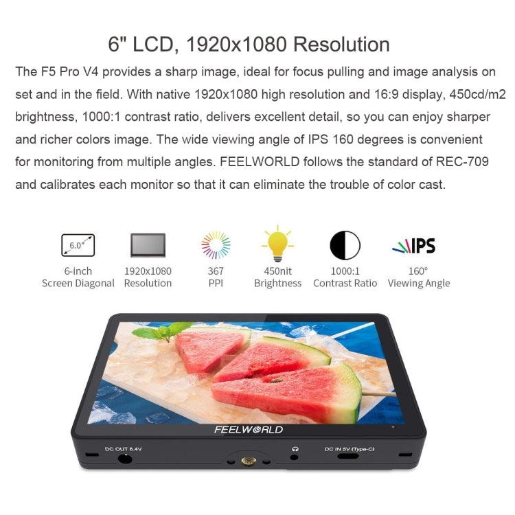 FEELWORLD F5 Pro V4 Pantalla táctil de 6 pulgadas Cámara DSLR Monitor de campo 3D LUT 4K HDMI Entrada Salida Brazo inclinable, F5 Pro V4