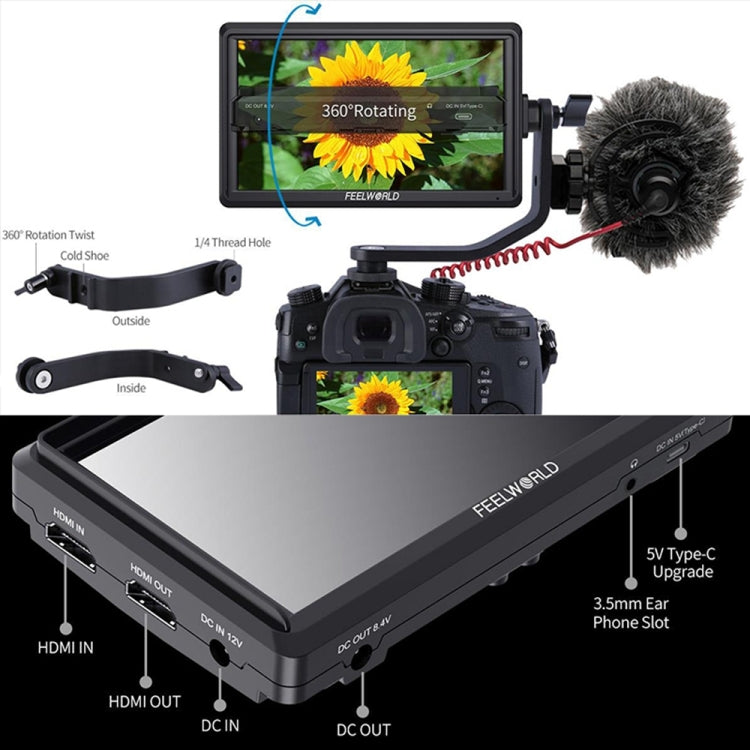 FEELWORLD FW568 V3 Monitor de campo de cámara DSLR 3D LUT de 6 pulgadas, IPS Full HD 1920 x 1152, soporte HDMI entrada salida brazo inclinable