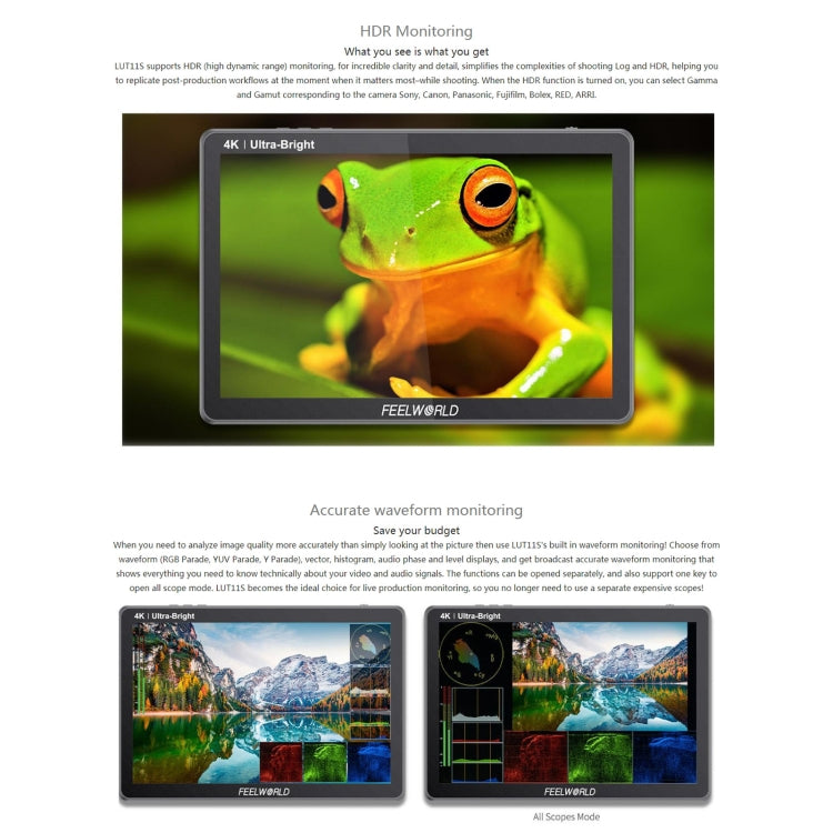 FEELWORLD LUT11S Monitor de campo para cámara DSLR con pantalla táctil de 2000 nits, ultra alto brillo, 10,1 pulgadas, 3G-SDI 4K HDMI, entrada y salida, panel IPS de 1920 x 1200, LUT11S
