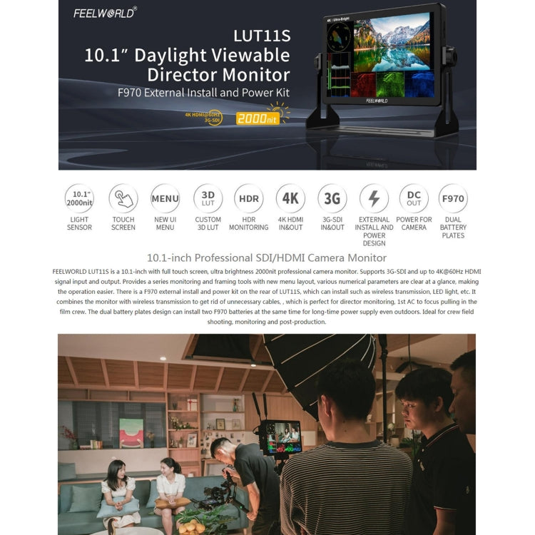 FEELWORLD LUT11S Monitor de campo para cámara DSLR con pantalla táctil de 2000 nits, ultra alto brillo, 10,1 pulgadas, 3G-SDI 4K HDMI, entrada y salida, panel IPS de 1920 x 1200, LUT11S