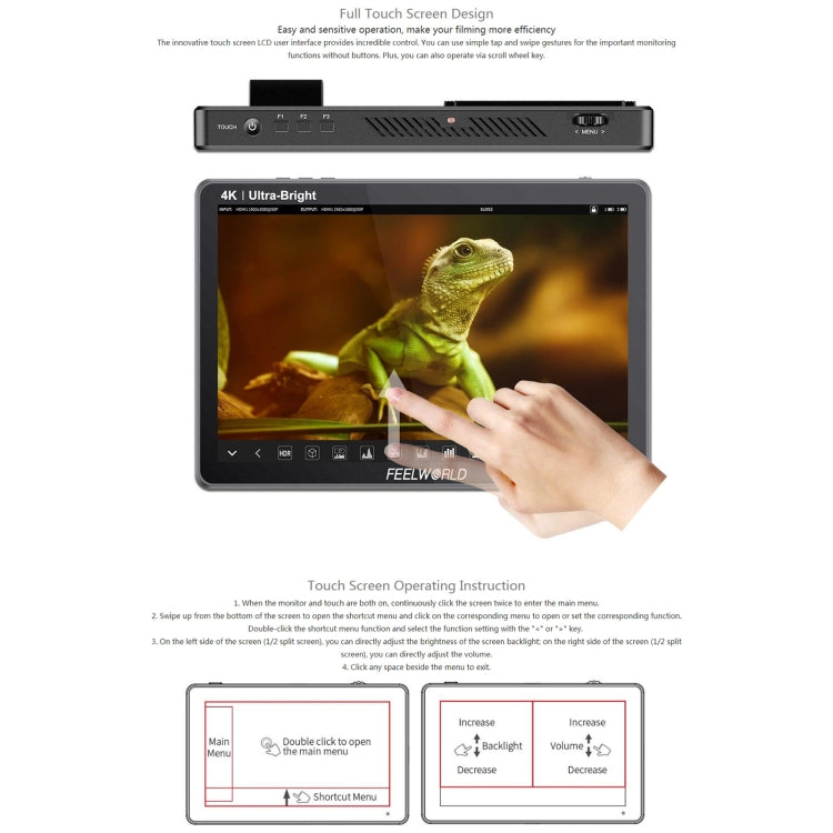 FEELWORLD LUT11S Monitor de campo para cámara DSLR con pantalla táctil de 2000 nits, ultra alto brillo, 10,1 pulgadas, 3G-SDI 4K HDMI, entrada y salida, panel IPS de 1920 x 1200, LUT11S
