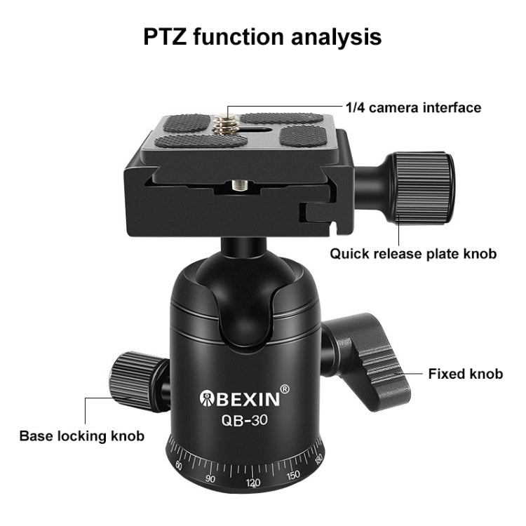 BEIXIN QB-30 Cabeza de bola de metal panorámica con rotación de 360 grados y placa de liberación rápida, QB-30