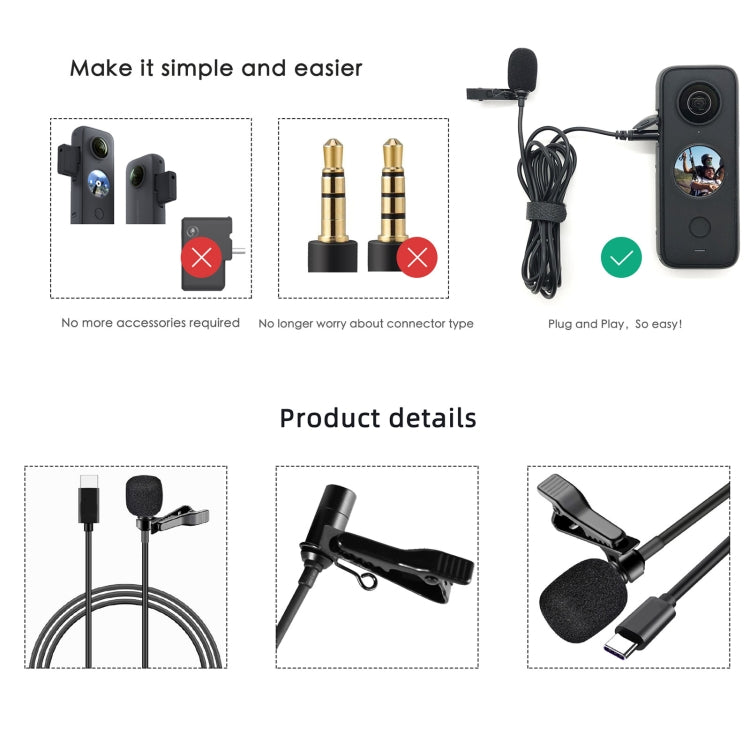 Para micrófono de grabación Insta360 ONE X2 Lavalier Clip tipo C, For Insta360 ONE X2