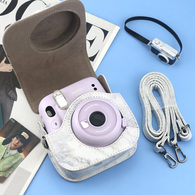 Para FUJIFILM instax mini 11 / 9 / 8 Funda de cuero de cuerpo completo de mármol Bolsa para cámara con correa