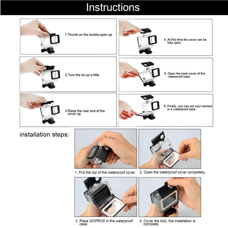 Para GoPro HERO6 /5 Funda protectora con carcasa impermeable a 30 m + cubierta trasera hueca con hebilla, montaje básico y tornillo, sin necesidad de desmontar la lente (GP413), Housing Case+ Back cover