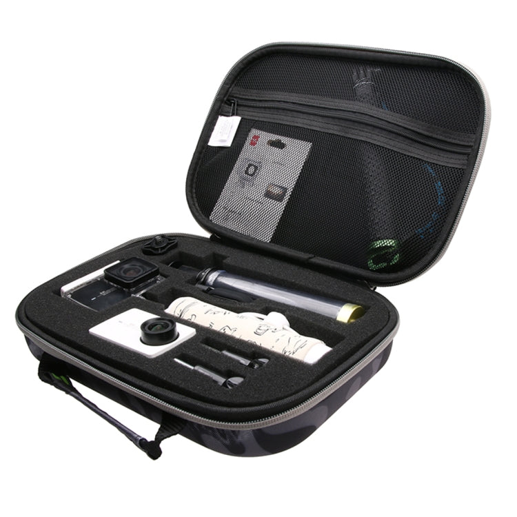Estuche portátil impermeable a prueba de golpes de EVA con patrón de camuflaje para GoPro Hero11 Black / HERO10 Black / HERO9 Black / HERO8 Black / 7/6/5/4/3+ / 3/2/1, DJI Osmo Action y otros accesorios para cámaras de acción, Tamaño: 27 cmx 19cm x 7cm...
