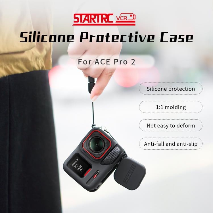 Funda de silicona STARTRC para Insta360 Ace Pro 2 con tapa de lente y cordón.