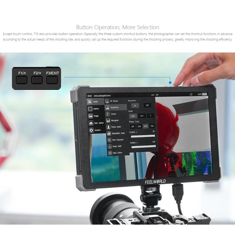 Monitor de campo para cámara DSLR FEELWORLD T10 de 10,1 pulgadas, de aluminio, con pantalla táctil y HDMI 4K, T10