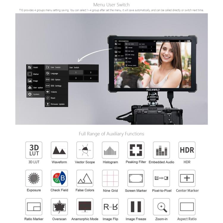 Monitor de campo para cámara DSLR FEELWORLD T10 de 10,1 pulgadas, de aluminio, con pantalla táctil y HDMI 4K, T10