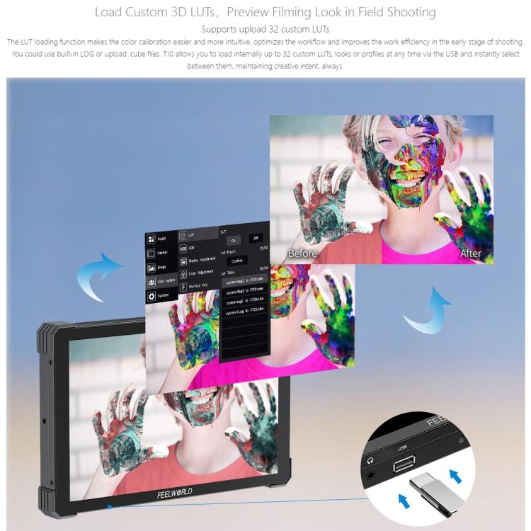 Monitor de campo para cámara DSLR FEELWORLD T10 de 10,1 pulgadas, de aluminio, con pantalla táctil y HDMI 4K, T10