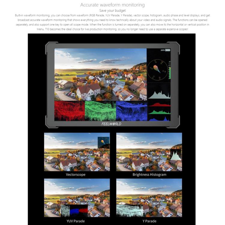 Monitor de campo para cámara DSLR FEELWORLD T10 de 10,1 pulgadas, de aluminio, con pantalla táctil y HDMI 4K, T10