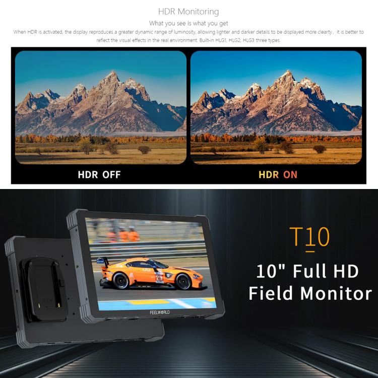 Monitor de campo para cámara DSLR FEELWORLD T10 de 10,1 pulgadas, de aluminio, con pantalla táctil y HDMI 4K, T10