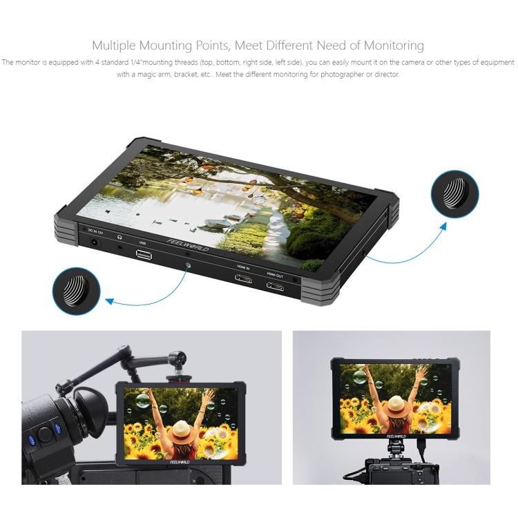 Monitor de campo para cámara DSLR FEELWORLD T10 de 10,1 pulgadas, de aluminio, con pantalla táctil y HDMI 4K, T10