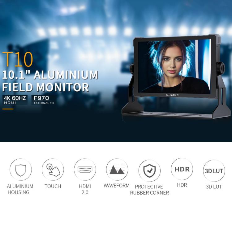 Monitor de campo para cámara DSLR FEELWORLD T10 de 10,1 pulgadas, de aluminio, con pantalla táctil y HDMI 4K, T10