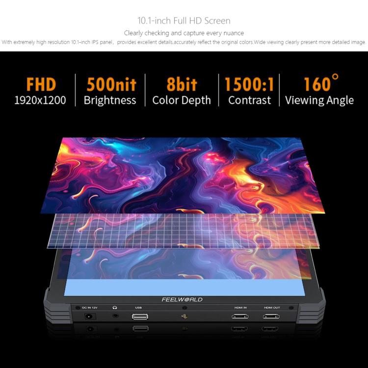Monitor de campo para cámara DSLR FEELWORLD T10 de 10,1 pulgadas, de aluminio, con pantalla táctil y HDMI 4K, T10