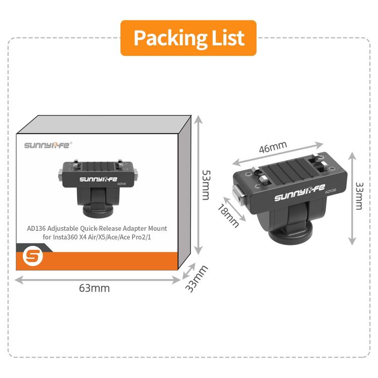 Adaptador de liberación rápida magnético Sunnylife de 1/4" con inclinación ajustable de 180° para palo selfie, compatible con Insta360 X4 Air / X5 / Ace Pro 2 / 1 / Ace., AD136 For Insta360 X4 Air / X5