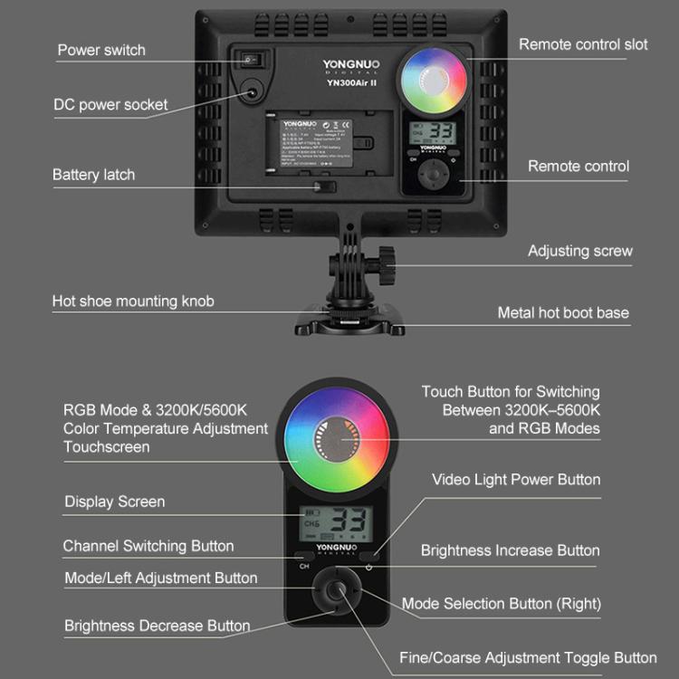 Panel de luz LED YONGNUO YN300Air II para vlogs, RGB, gama completa, bicolor 3200K-5600K., YN300Air II