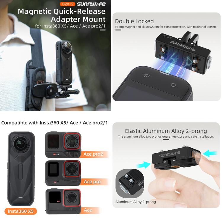 Adaptador magnético de liberación rápida Sunnylife para cámara de acción, soporte plegable para cámara Insta360 X5 / Ace / Ace Pro 2 / 1
