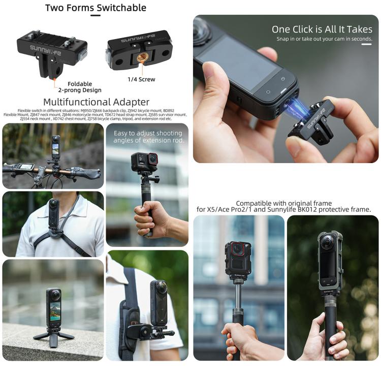 Adaptador magnético de liberación rápida Sunnylife para cámara de acción, soporte plegable para cámara Insta360 X5 / Ace / Ace Pro 2 / 1