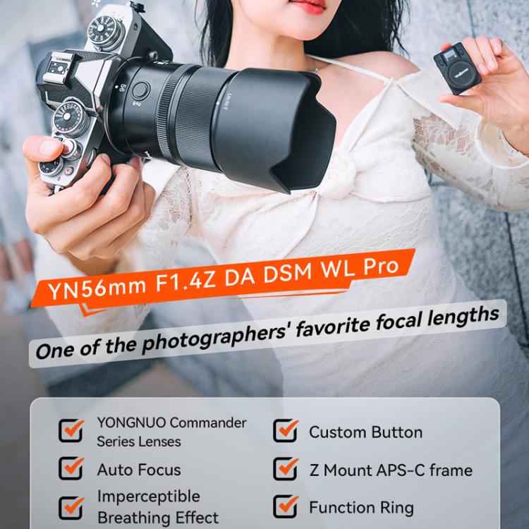 Objetivo YONGNUO YN56mm F1.4Z DA DSM WL Pro para formato APS-C con control remoto para montura Nikon Z, YN56mm F1.4Z DA DSM WL Pro