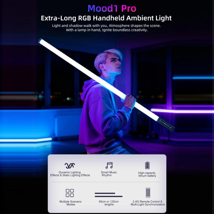 LUXCeO Mood1 Pro, barra LED RGB de 90 cm con efecto de ambiente colorido y ritmo, luz de relleno para vídeo y fotografía, sin trípode., 90cm