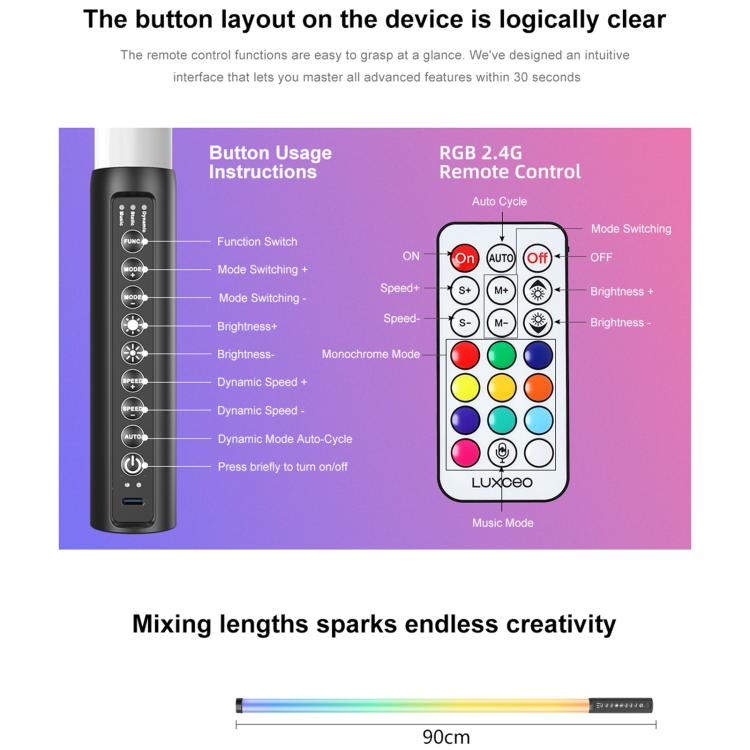 LUXCeO Mood1 Pro, barra LED RGB de 90 cm con efecto de ambiente colorido y ritmo, luz de relleno para vídeo y fotografía, sin trípode., 90cm