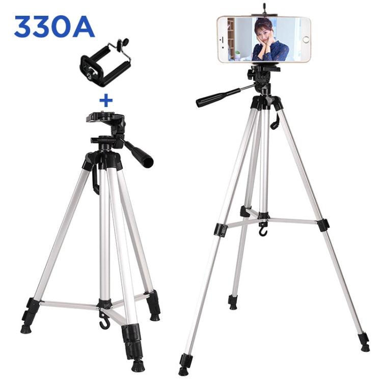 Trípode para transmisión en vivo Patas plegables de 3 secciones Soporte para trípode de aleación de aluminio con cabezal de trípode tridimensional en forma de U y abrazadera para teléfono para DSLR y cámara digital, altura ajustable: 47,5-133 cm, 330A