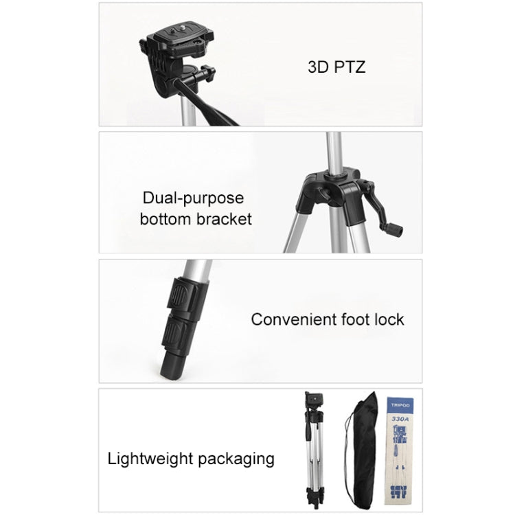 Trípode para transmisión en vivo Patas plegables de 3 secciones Soporte para trípode de aleación de aluminio con cabezal de trípode tridimensional en forma de U y abrazadera para teléfono para DSLR y cámara digital, altura ajustable: 47,5-133 cm, 330A