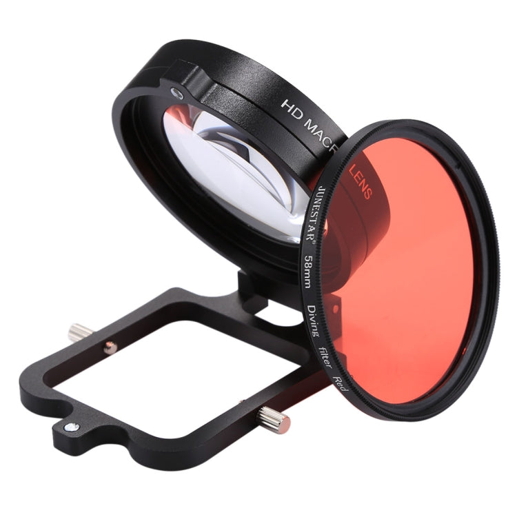 Lente macro 58 mm 16X + Filtro de lente de buceo rojo con cubierta de lente + Adaptador de anillo de filtro de lente + Cuerda + Paño de limpieza para carcasa de buceo GoPro HERO6 /5, For HERO6 /5