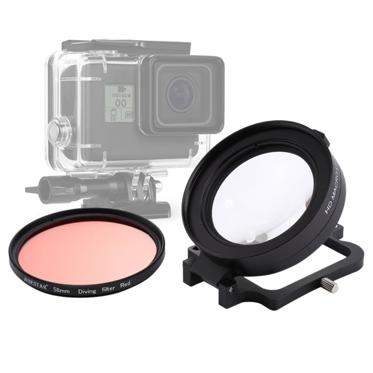 Lente macro 58 mm 16X + Filtro de lente de buceo rojo con cubierta de lente + Adaptador de anillo de filtro de lente + Cuerda + Paño de limpieza para carcasa de buceo GoPro HERO6 /5, For HERO6 /5