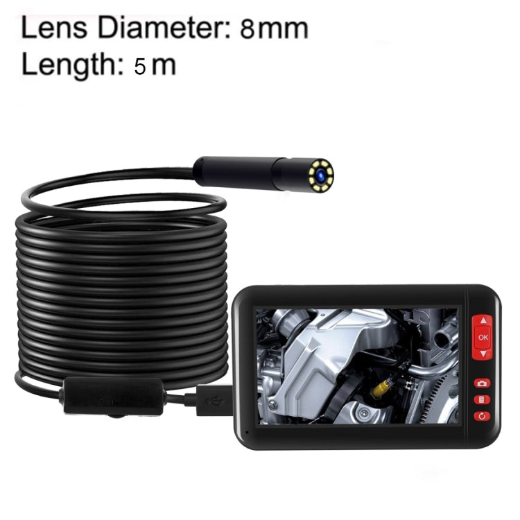 P20 Endoscopio de inspección HD1080P con pantalla de 4,3 pulgadas con 8 LED, longitud: 5 m, diámetro de la lente: 8 mm, línea dura, Length: 5m, Hard Line
