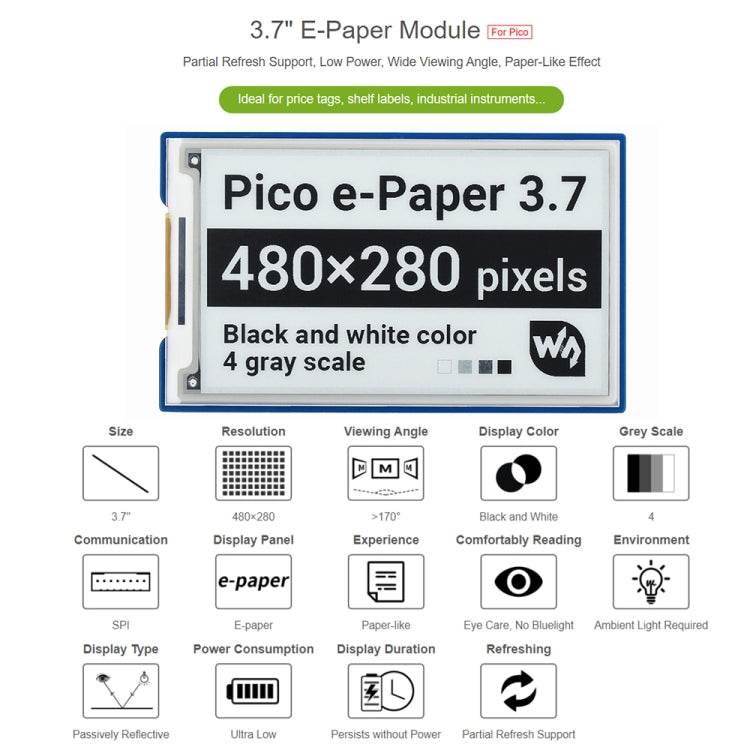 Waveshare Módulo de pantalla de tinta electrónica de papel electrónico de 3,7 pulgadas, 480x280 píxeles para Raspberry Pi Pico, 4 escala de grises, interfaz SPI, 20123