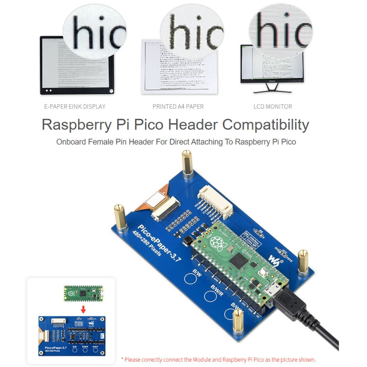 Waveshare Módulo de pantalla de tinta electrónica de papel electrónico de 3,7 pulgadas, 480x280 píxeles para Raspberry Pi Pico, 4 escala de grises, interfaz SPI, 20123