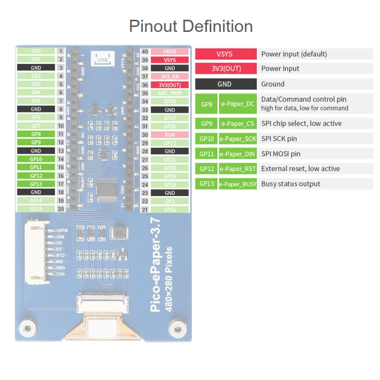 Waveshare Módulo de pantalla de tinta electrónica de papel electrónico de 3,7 pulgadas, 480x280 píxeles para Raspberry Pi Pico, 4 escala de grises, interfaz SPI, 20123