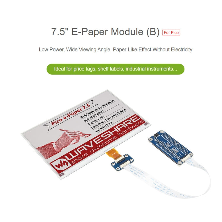 Waveshare Módulo de pantalla de tinta electrónica de papel electrónico rojo, negro y blanco de 7,5 pulgadas, 800x480 píxeles (B) para Raspberry Pi Pico, interfaz SPI, 20129