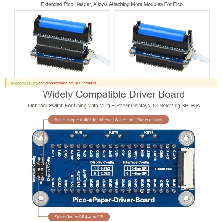 Waveshare Módulo de pantalla de tinta electrónica de papel electrónico rojo, negro y blanco de 7,5 pulgadas, 800x480 píxeles (B) para Raspberry Pi Pico, interfaz SPI, 20129