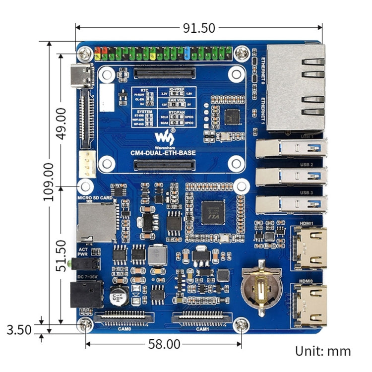 Waveshare Módulo de Computación Placa Base Dual Gigabit Ethernet para Raspberry Pi CM4, For Raspberry Pi CM4