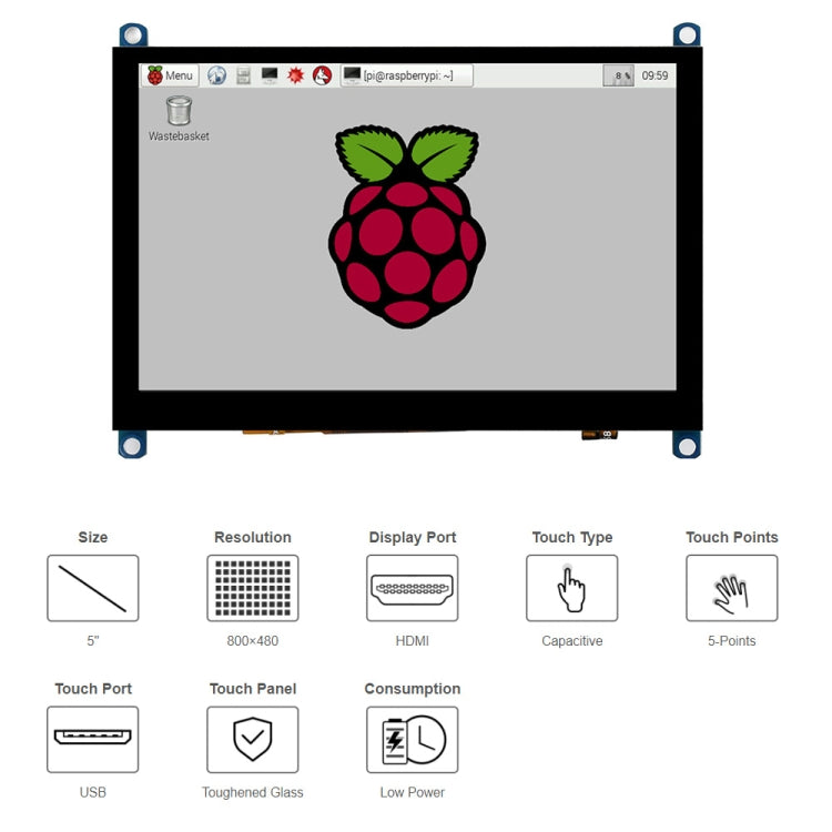Waveshare Versión reducida de 5 pulgadas Panel de vidrio templado 800 x 480 Pantalla táctil capacitiva LCD (H), 5 inch