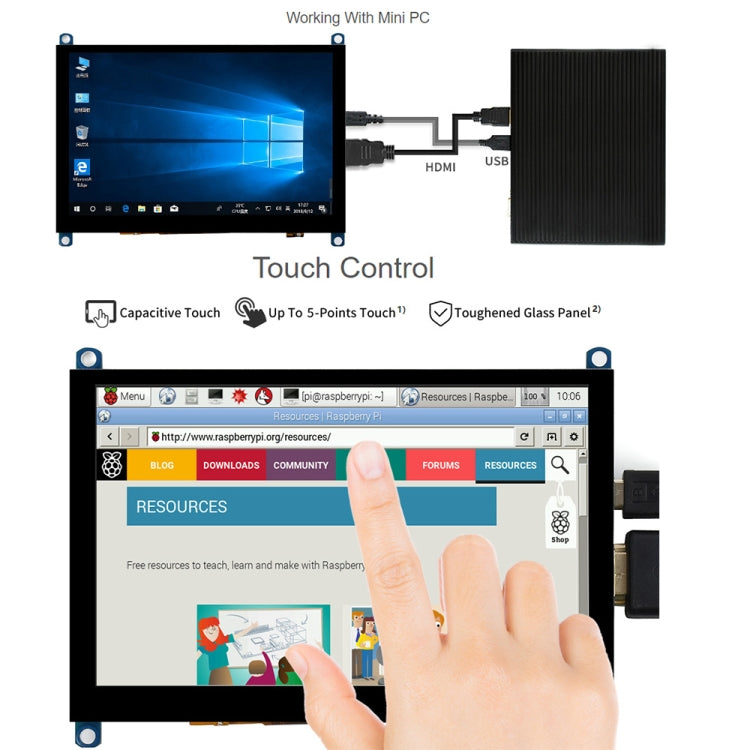 Waveshare Versión reducida de 5 pulgadas Panel de vidrio templado 800 x 480 Pantalla táctil capacitiva LCD (H), 5 inch